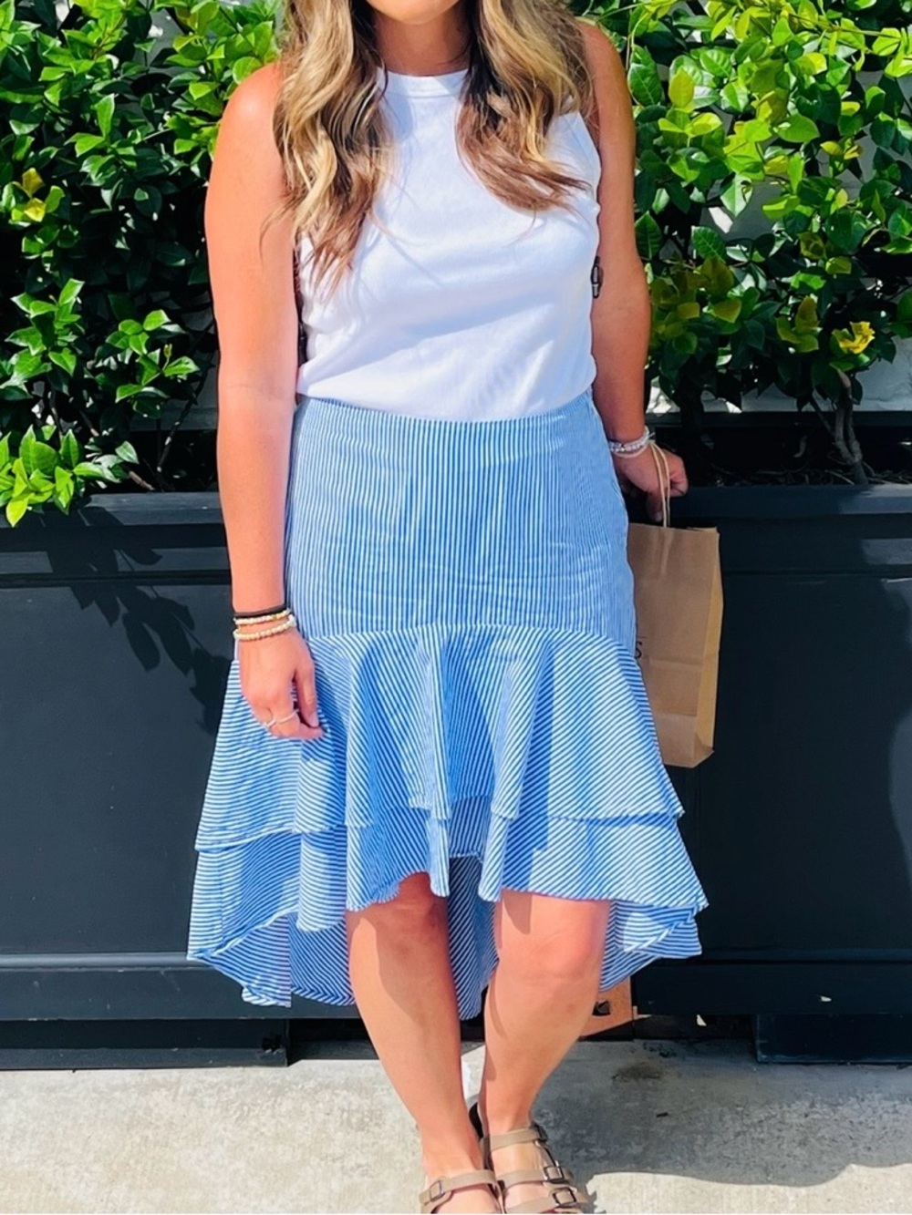 Light Blue and White Striped High-Low Ruffle Skirt